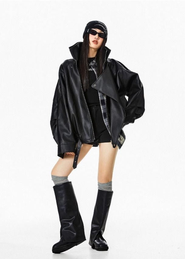 Oversized Faux Leather Jacket – Black Moto Style with Wide Collar