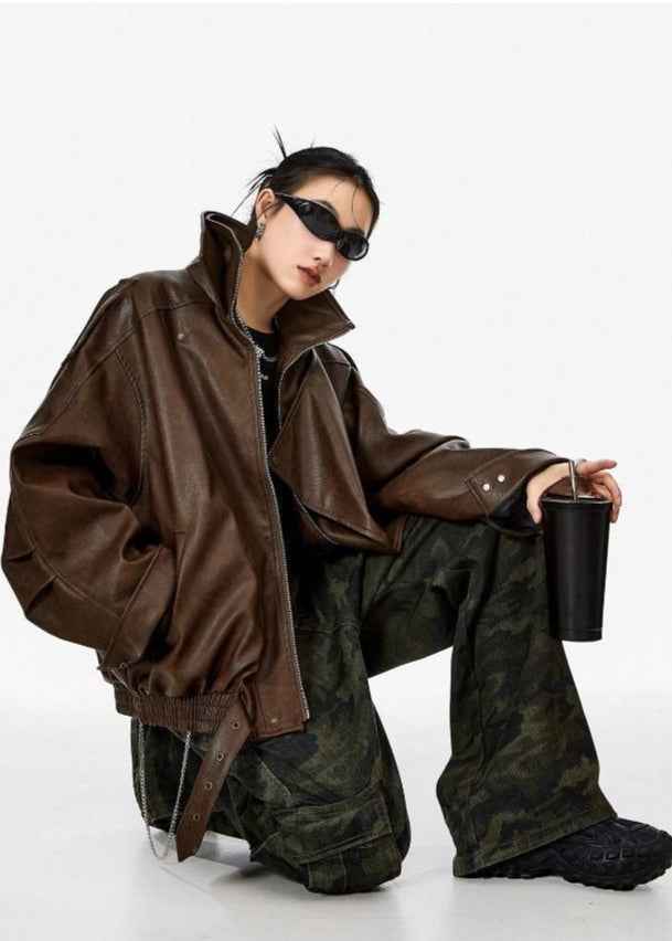 Avery - Oversized Brown Faux Leather Jacket