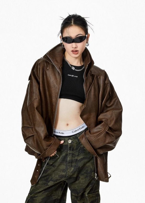 Avery - Oversized Brown Faux Leather Jacket