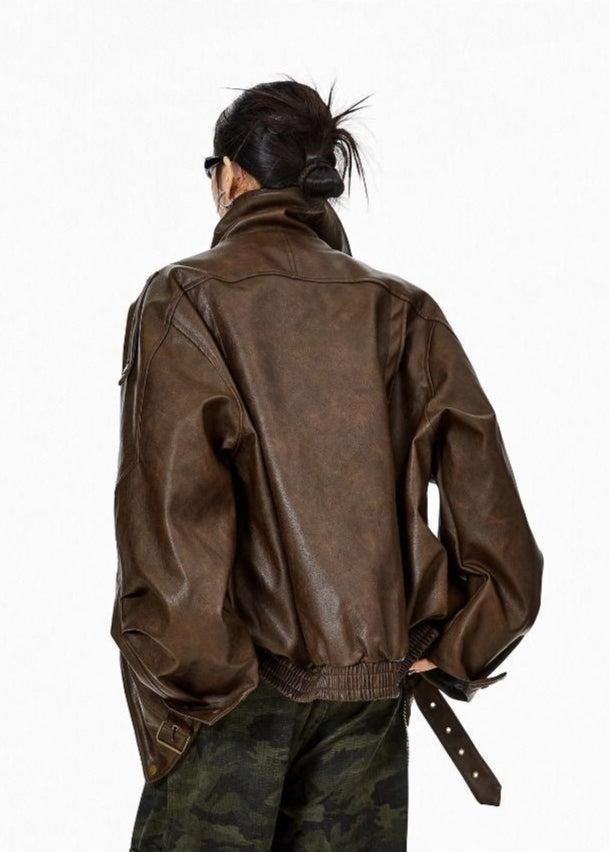 Avery - Oversized Brown Faux Leather Jacket