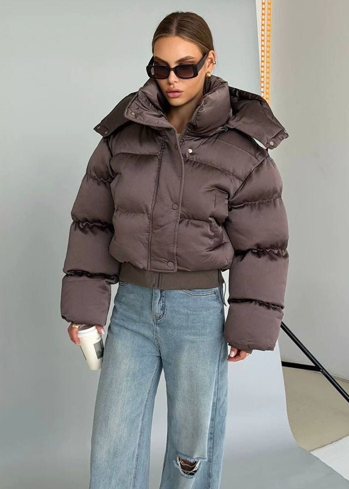 Cropped Puffer Jacket with Oversized Sleeves and High Collar