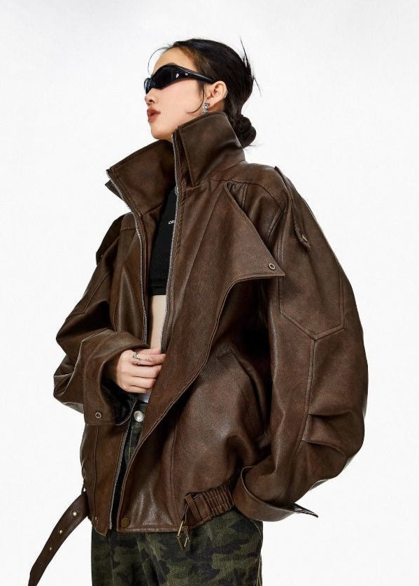 Avery - Oversized Brown Faux Leather Jacket