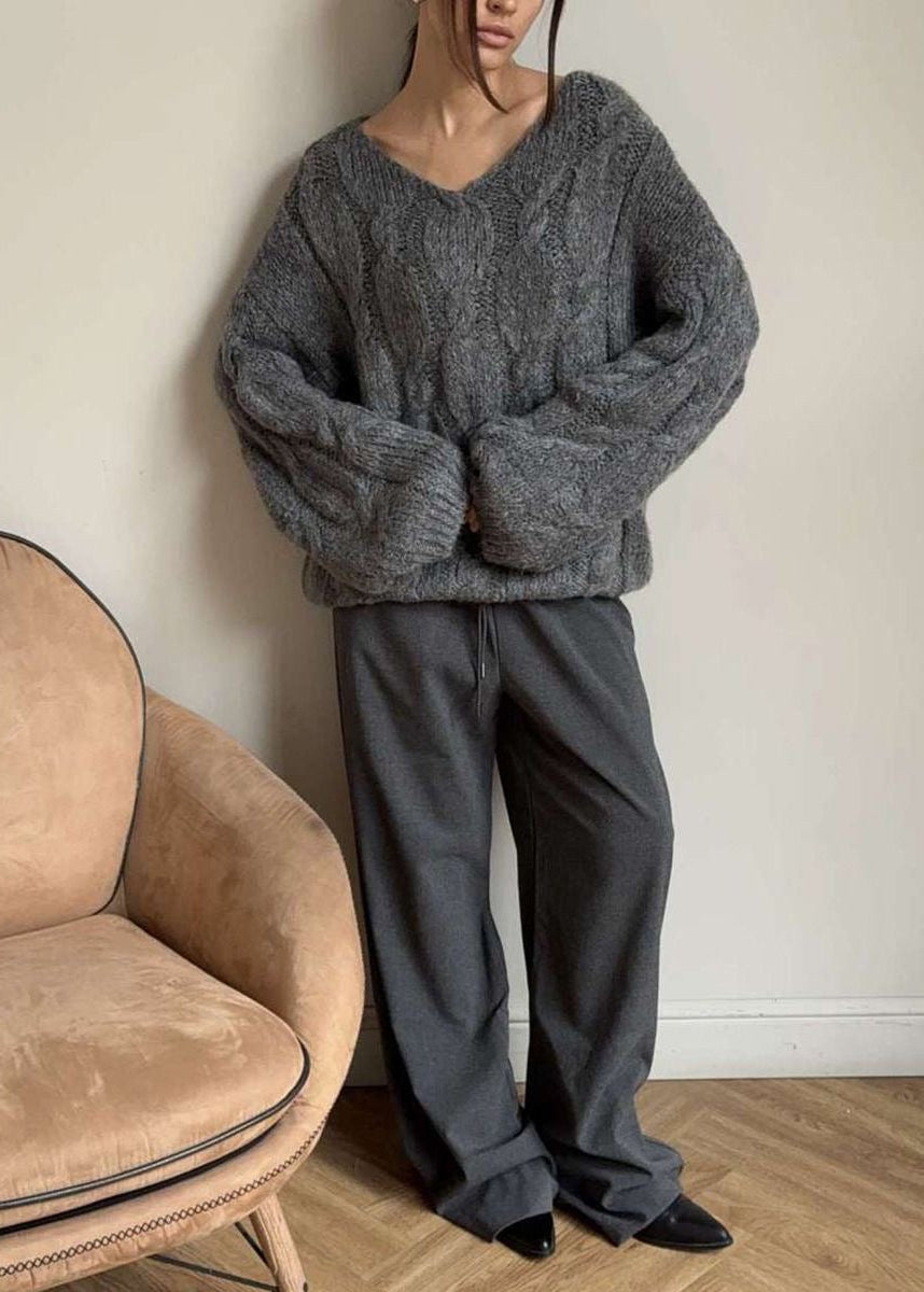 Chunky Cable Knit V-Neck Sweater with Balloon Sleeves
