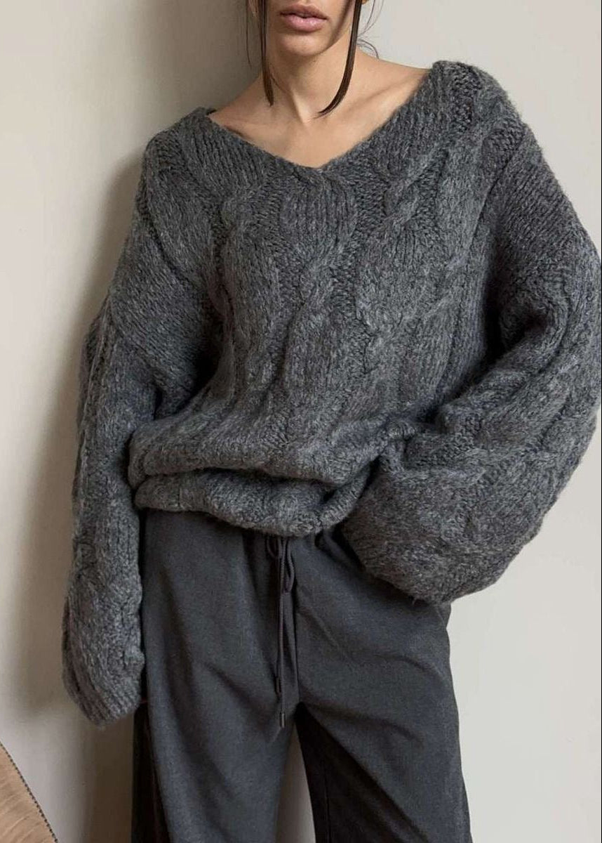 Chunky Cable Knit V-Neck Sweater with Balloon Sleeves