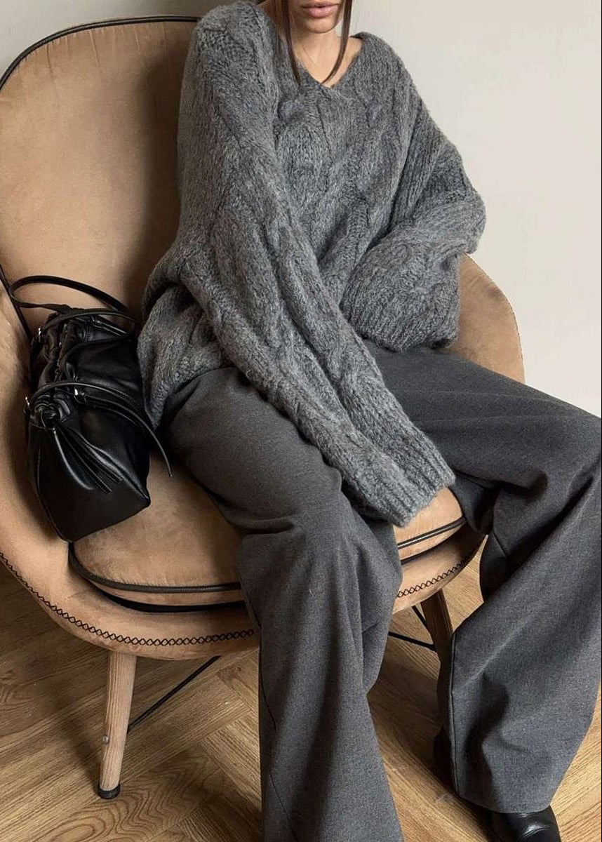 Chunky Cable Knit V-Neck Sweater with Balloon Sleeves