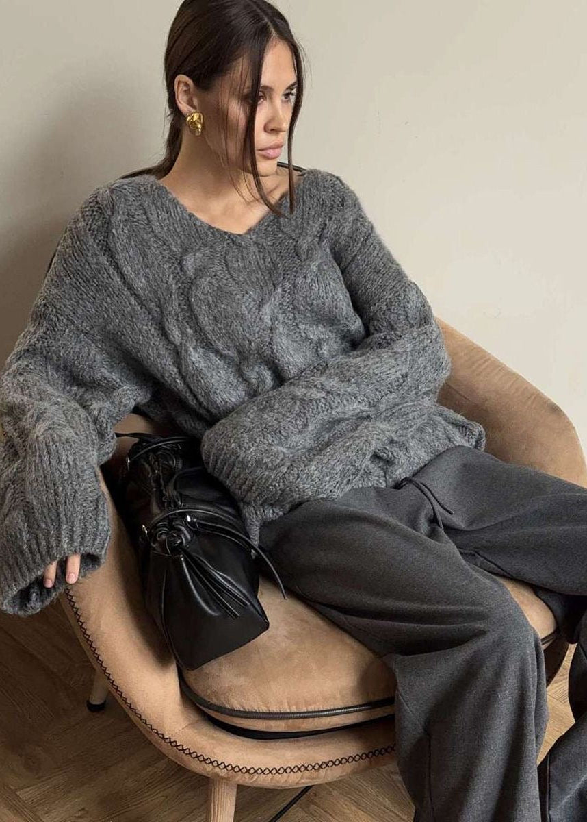Chunky Cable Knit V-Neck Sweater with Balloon Sleeves