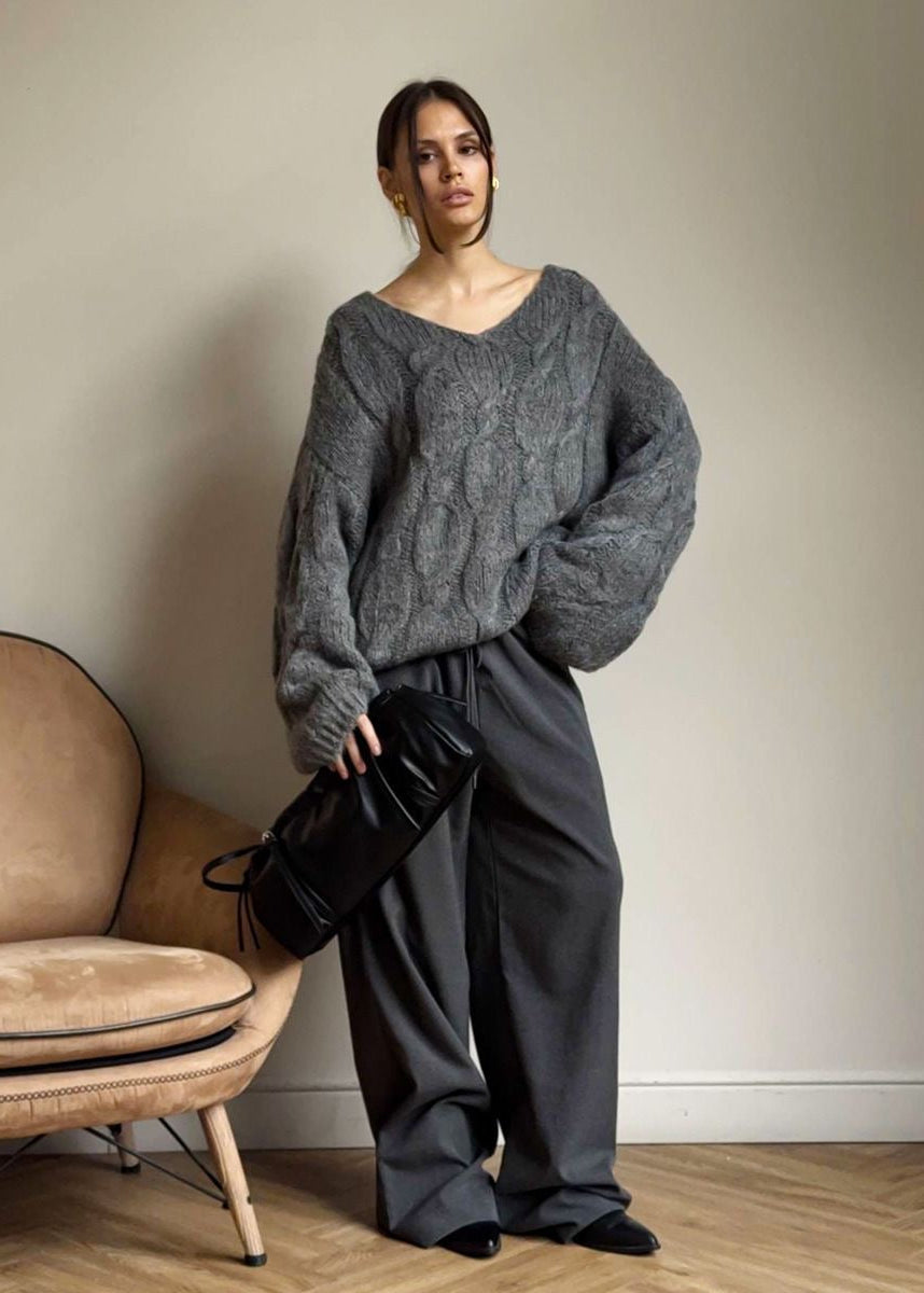 Chunky Cable Knit V-Neck Sweater with Balloon Sleeves
