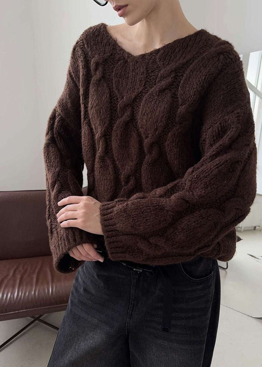 Chunky Cable Knit V-Neck Sweater with Balloon Sleeves