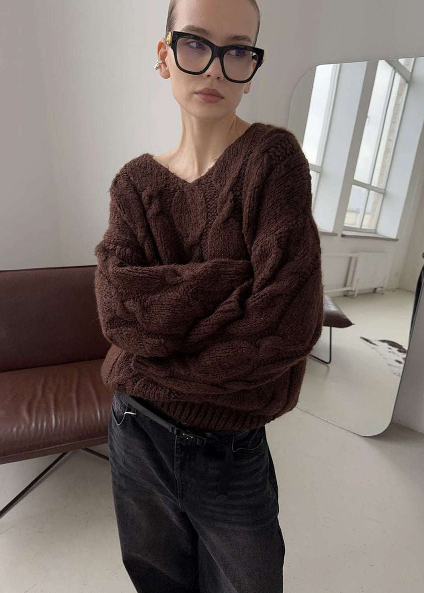 Chunky Cable Knit V-Neck Sweater with Balloon Sleeves