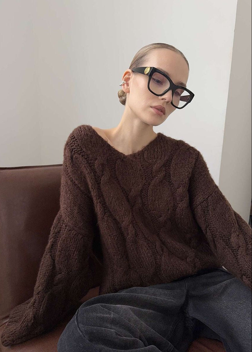 Chunky Cable Knit V-Neck Sweater with Balloon Sleeves