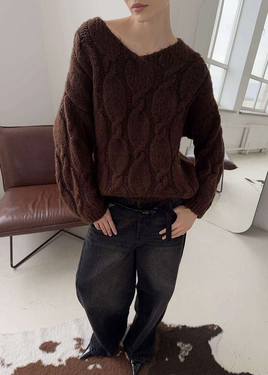Chunky Cable Knit V-Neck Sweater with Balloon Sleeves