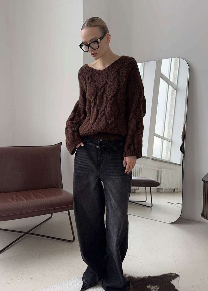 Chunky Cable Knit V-Neck Sweater with Balloon Sleeves