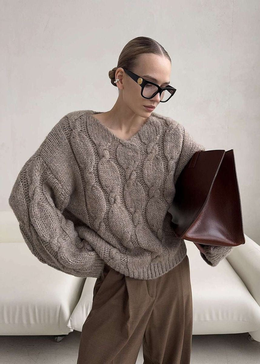 Chunky Cable Knit V-Neck Sweater with Balloon Sleeves
