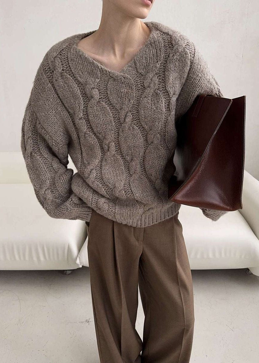 Chunky Cable Knit V-Neck Sweater with Balloon Sleeves