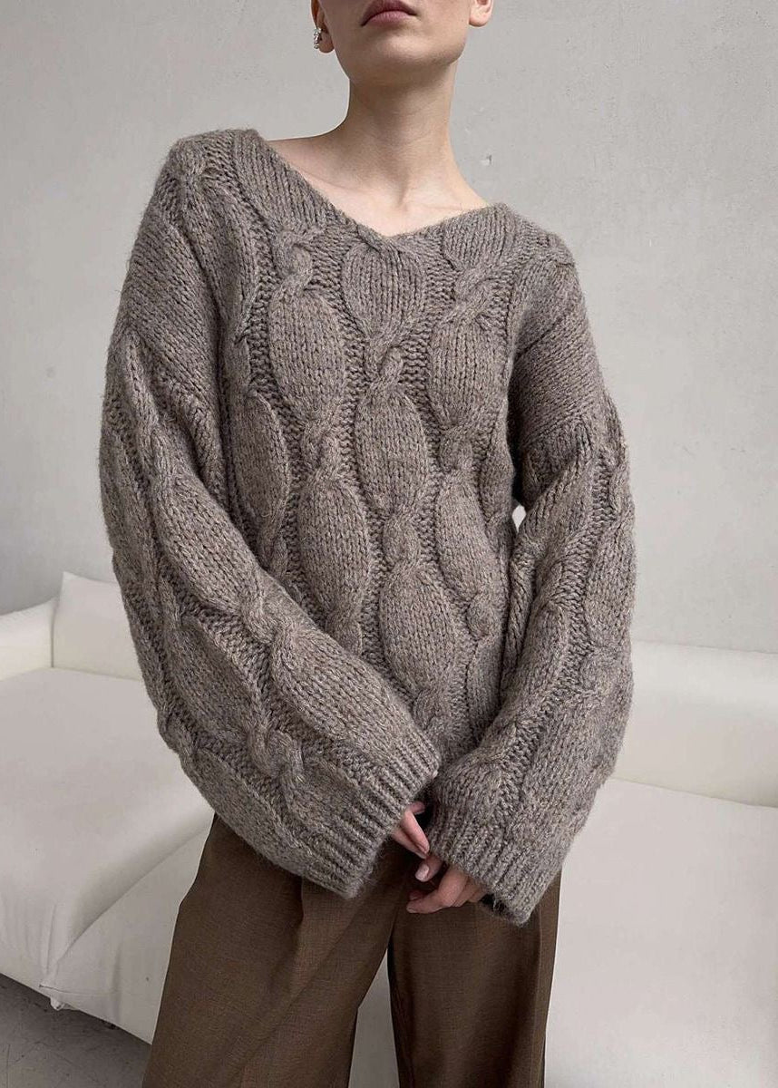 Chunky Cable Knit V-Neck Sweater with Balloon Sleeves