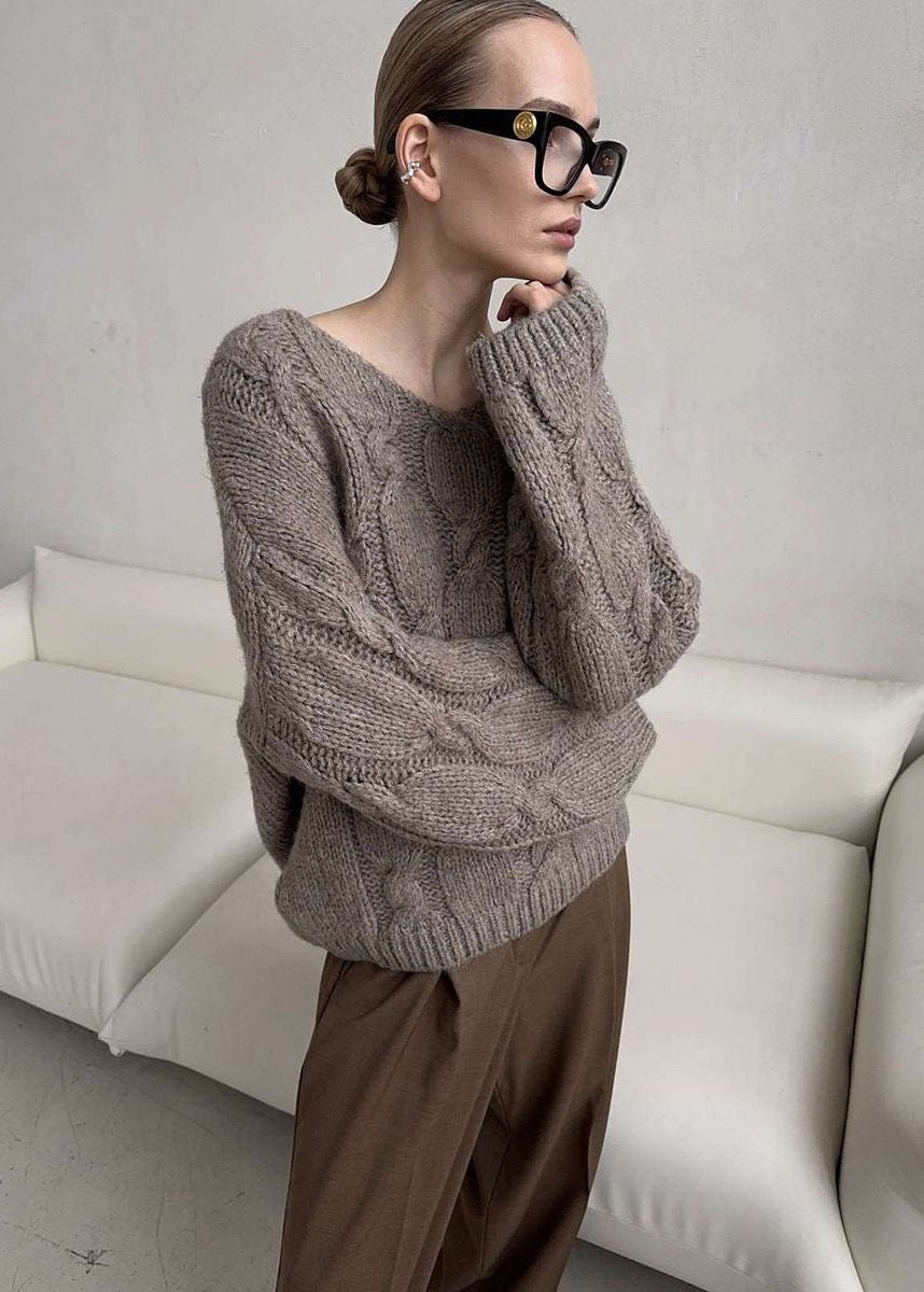 Chunky Cable Knit V-Neck Sweater with Balloon Sleeves