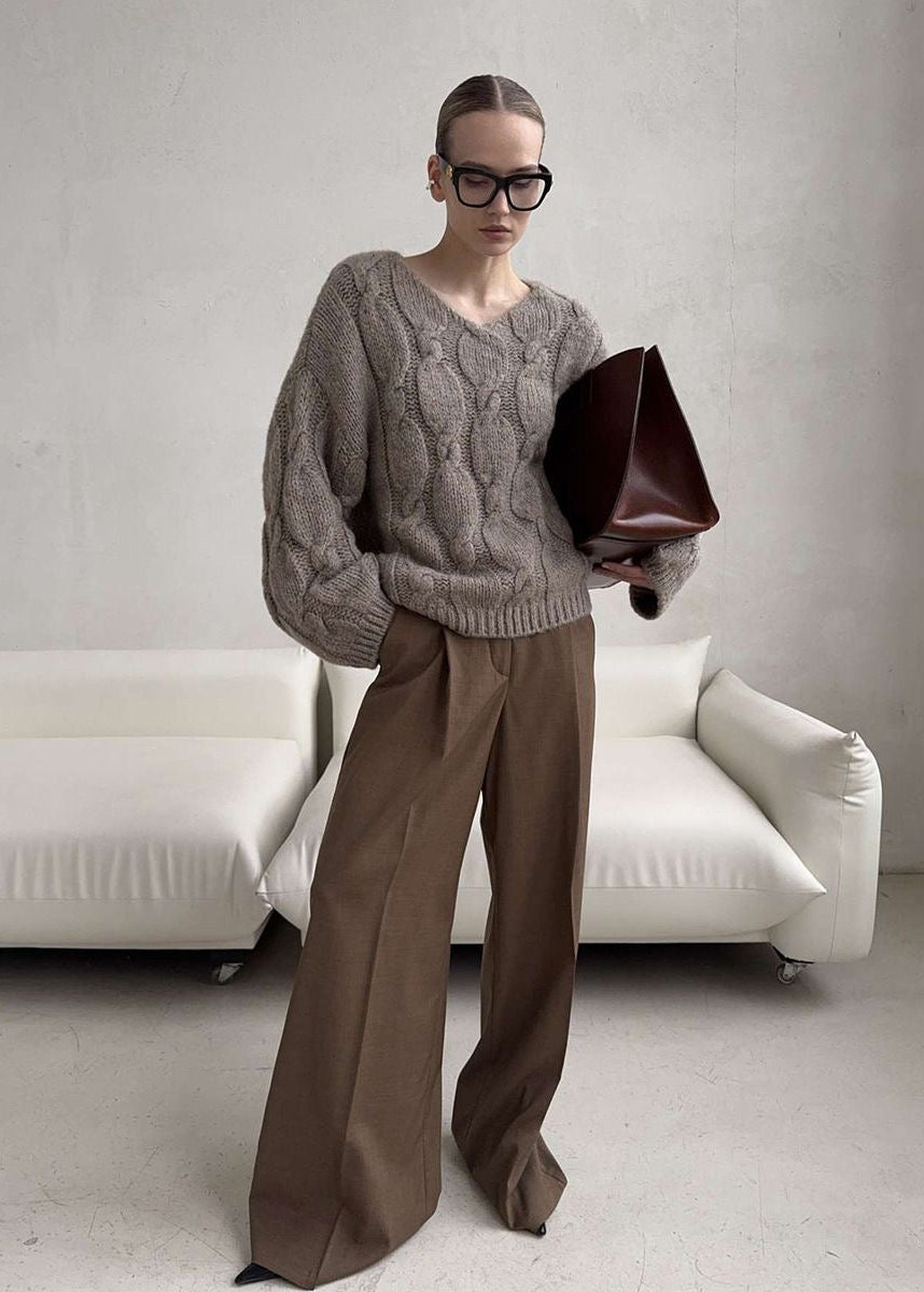 Chunky Cable Knit V-Neck Sweater with Balloon Sleeves