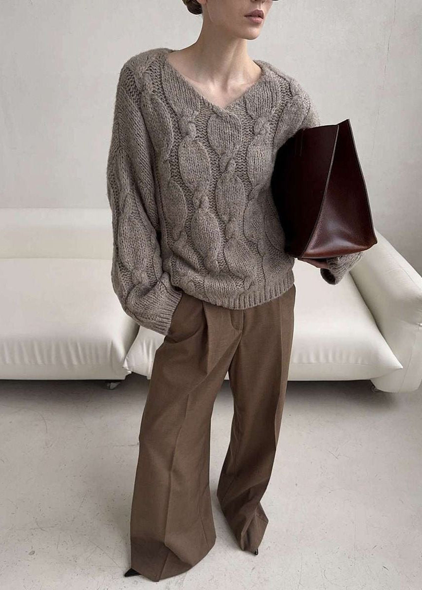 Chunky Cable Knit V-Neck Sweater with Balloon Sleeves