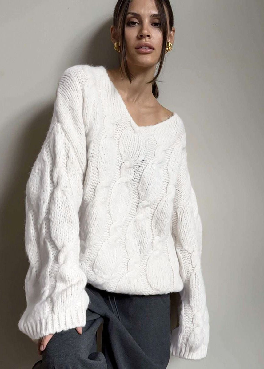 Chunky Cable Knit V-Neck Sweater with Balloon Sleeves