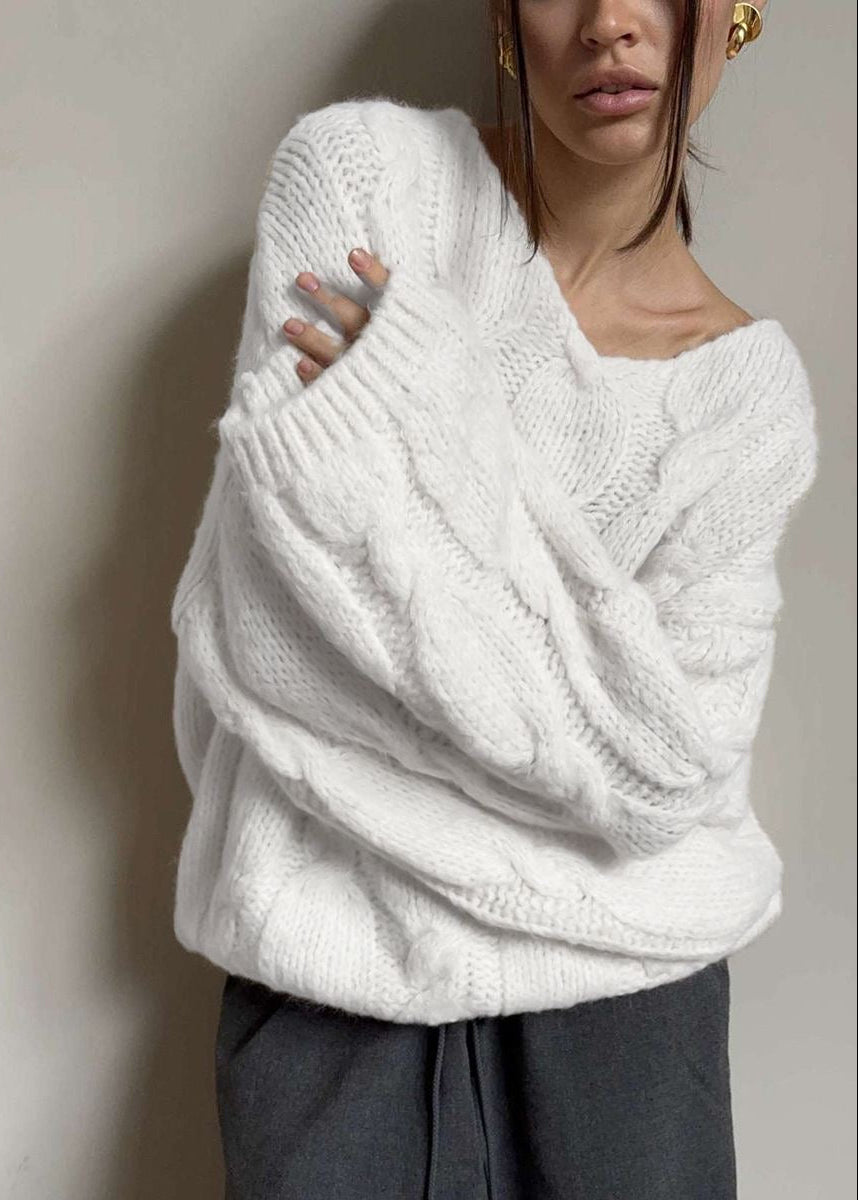 Chunky Cable Knit V-Neck Sweater with Balloon Sleeves