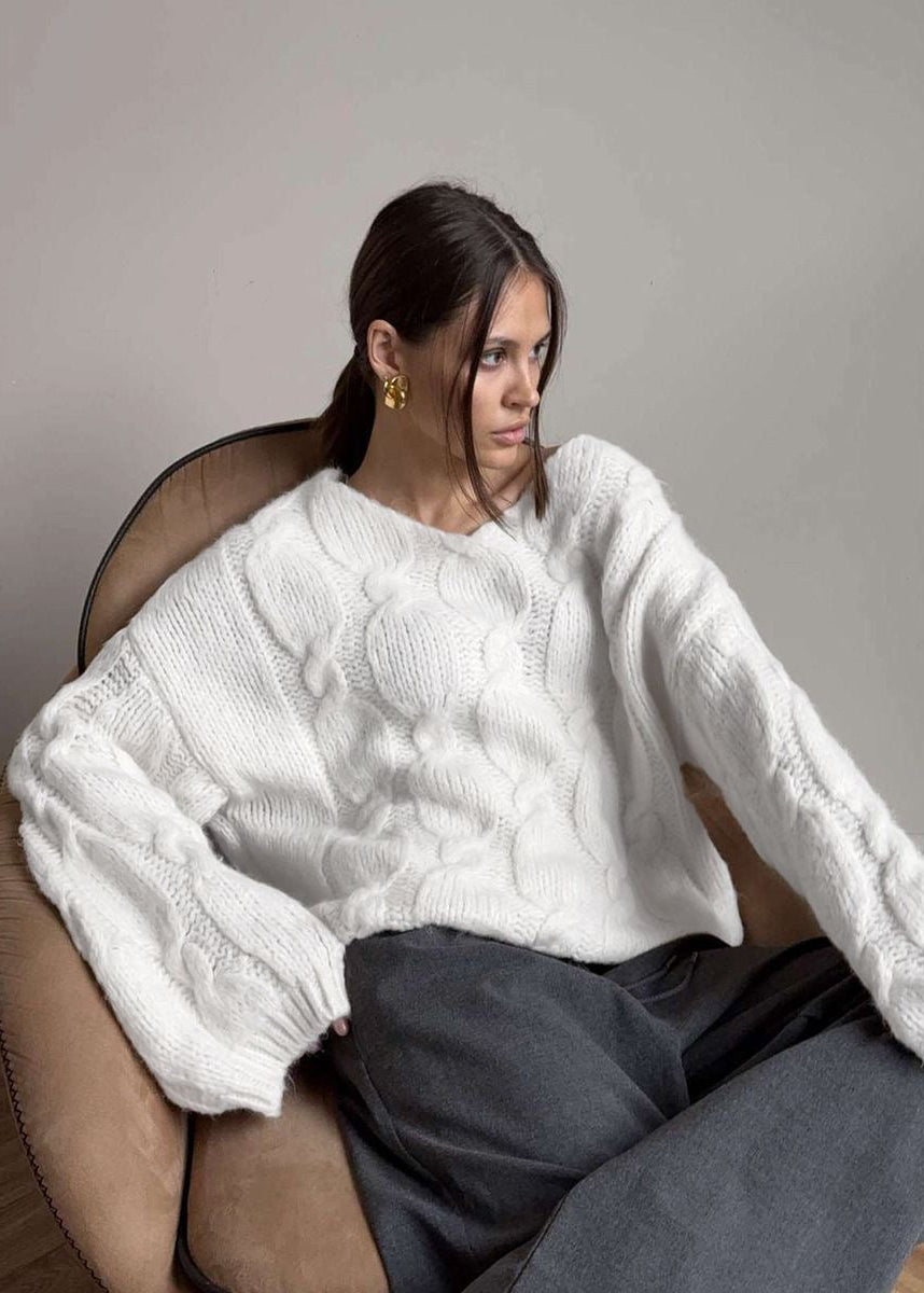 Chunky Cable Knit V-Neck Sweater with Balloon Sleeves