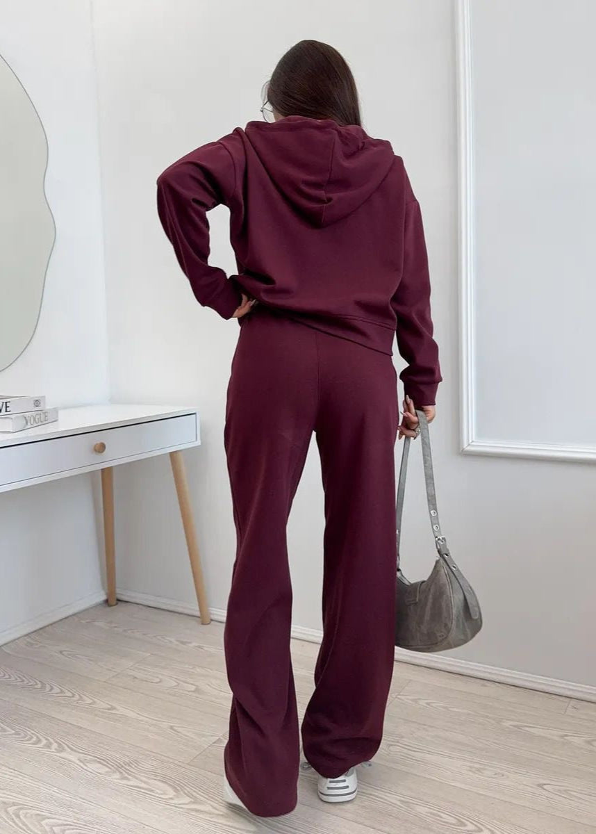Merlot Relaxed Fit Hoodie and Wide-Leg Pants Set – Women’s Loungewear Two-Piece