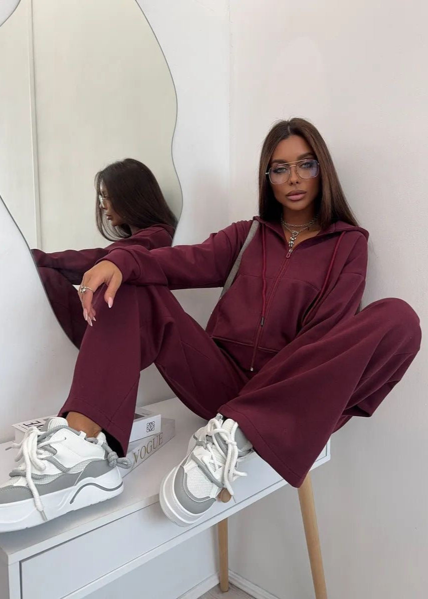Merlot Relaxed Fit Hoodie and Wide-Leg Pants Set – Women’s Loungewear Two-Piece