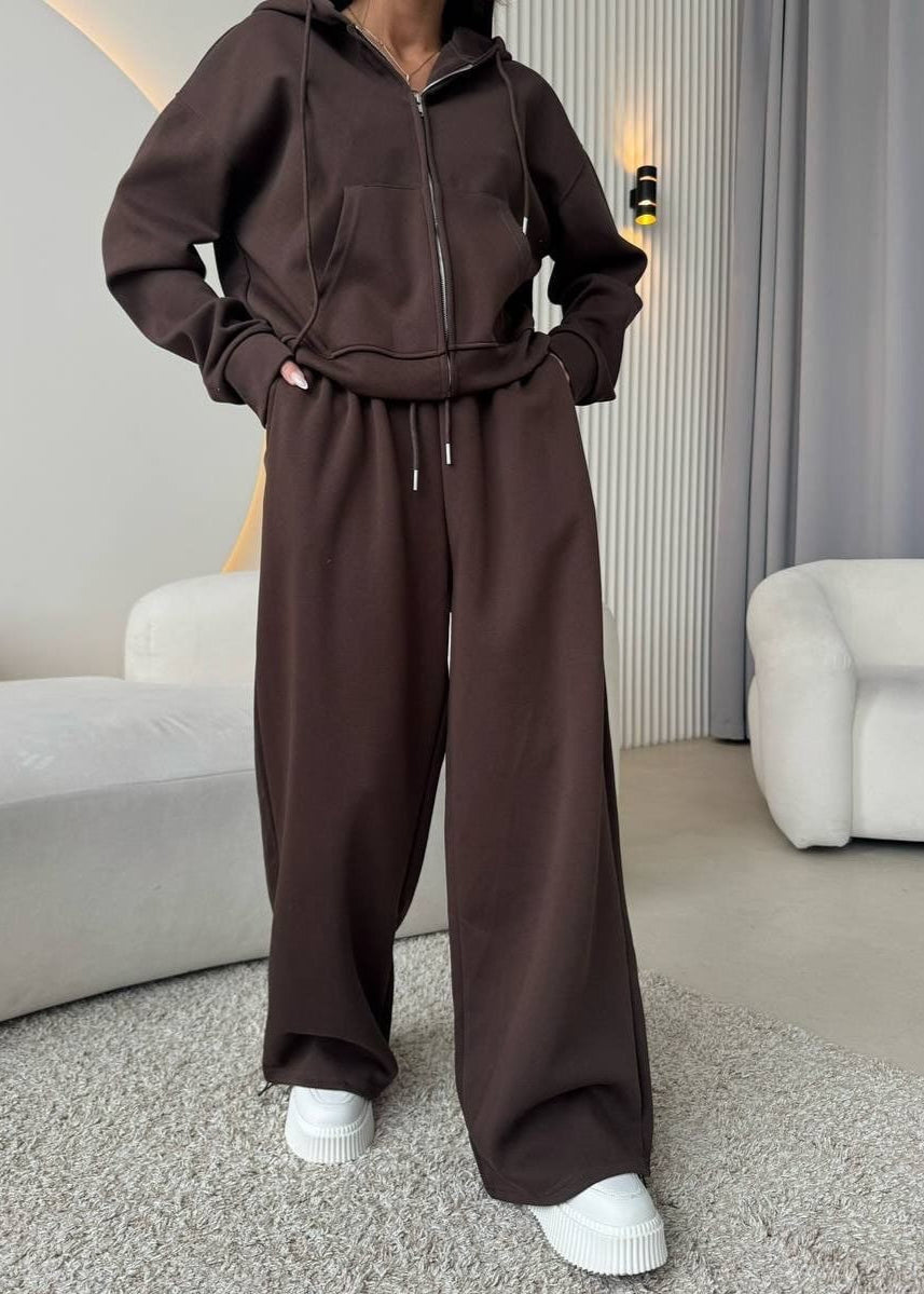 Lemon Cream Zip Hoodie & Wide-Leg Pants Set – Cozy Loungewear for Women