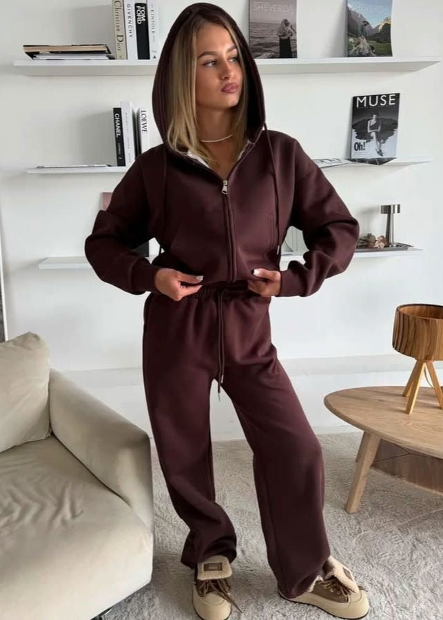 Lemon Cream Zip Hoodie & Wide-Leg Pants Set – Cozy Loungewear for Women