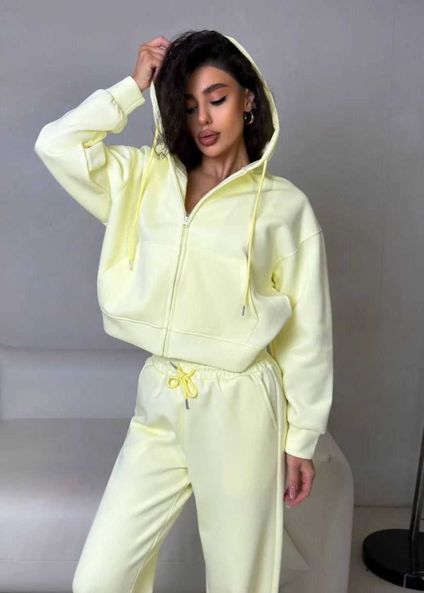 Lemon Cream Zip Hoodie & Wide-Leg Pants Set – Cozy Loungewear for Women