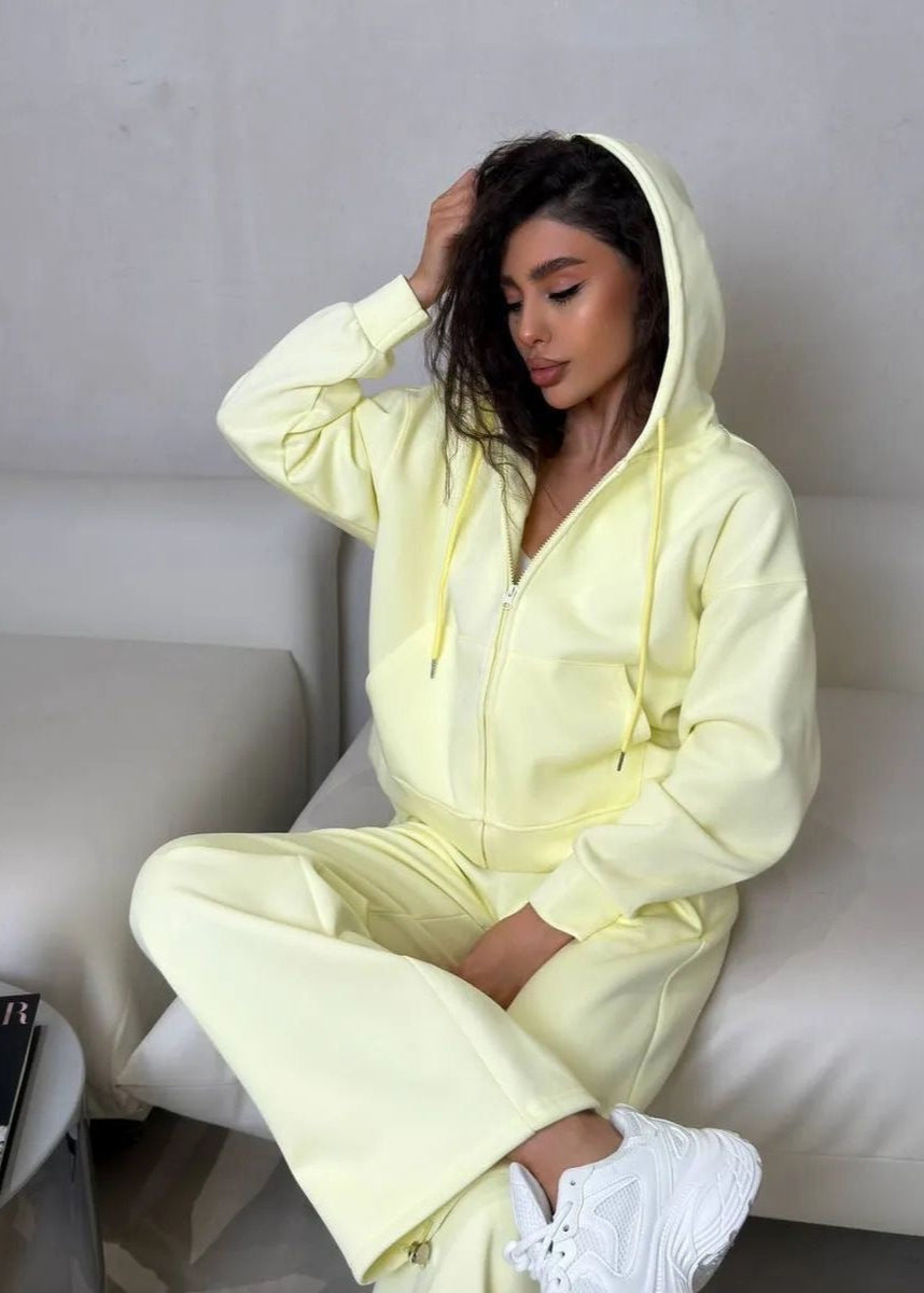 Lemon Cream Zip Hoodie & Wide-Leg Pants Set – Cozy Loungewear for Women