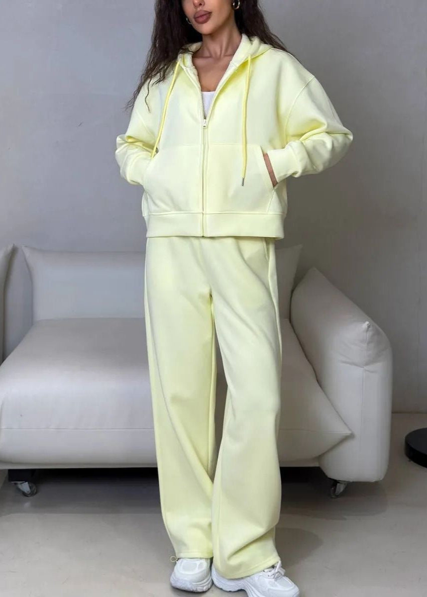 Lemon Cream Zip Hoodie & Wide-Leg Pants Set – Cozy Loungewear for Women