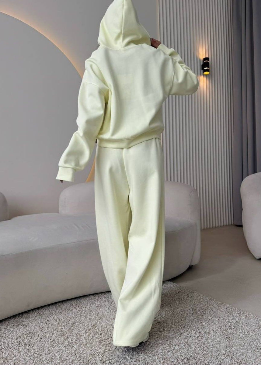 Lemon Cream Zip Hoodie & Wide-Leg Pants Set – Cozy Loungewear for Women
