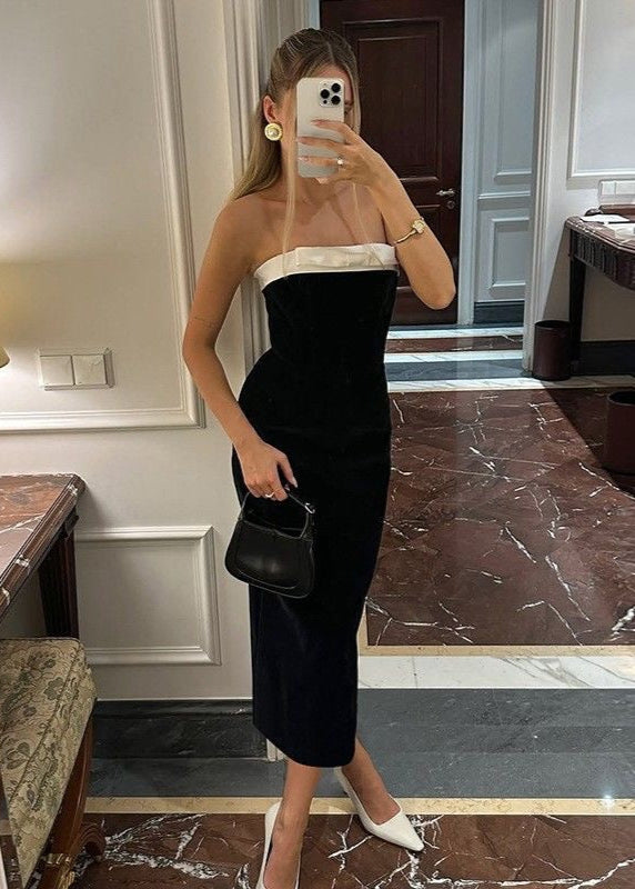 Strapless Black and White Maxi Dress – Elegant Evening Cocktail Gown