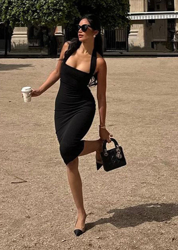 Black Halter Bodycon Midi Dress – Square Neck Sleeveless