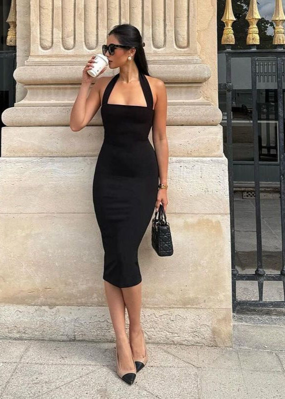Black Halter Bodycon Midi Dress – Square Neck Sleeveless