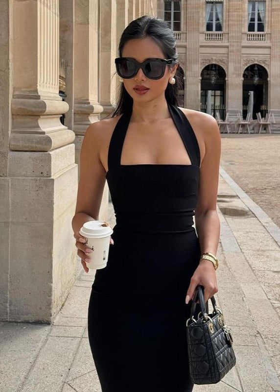 Black Halter Bodycon Midi Dress – Square Neck Sleeveless