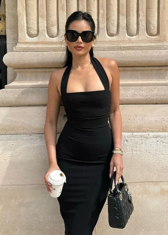 Black Halter Bodycon Midi Dress – Square Neck Sleeveless