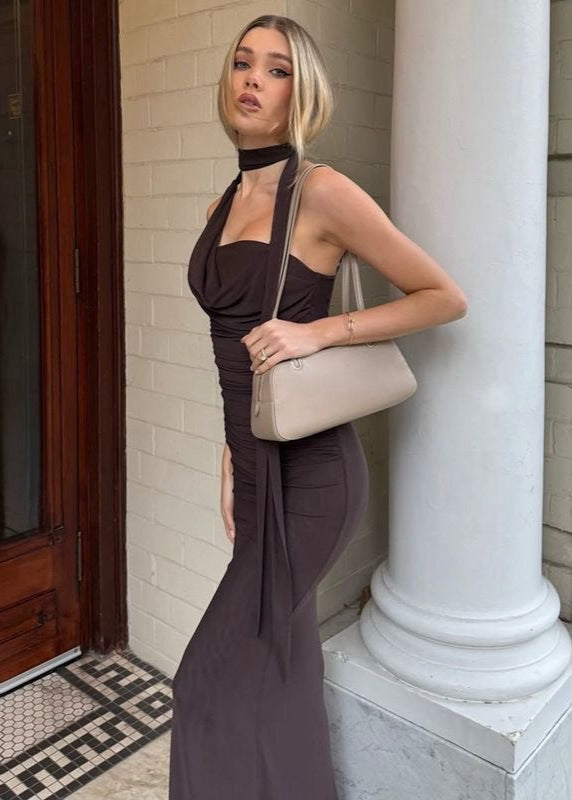 Halter Neck Maxi Dress – Ruched Bodycon Evening Gown