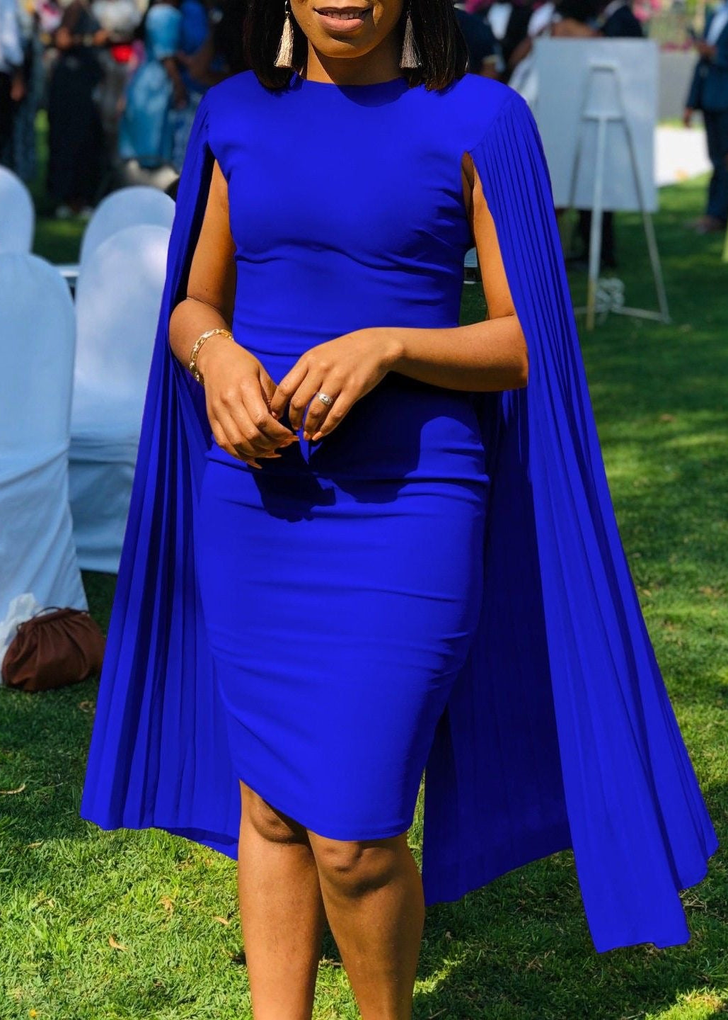 Pleated Cape Sleeve Bodycon Midi Dress with Round Neck