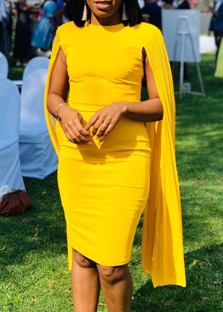 Pleated Cape Sleeve Bodycon Midi Dress with Round Neck
