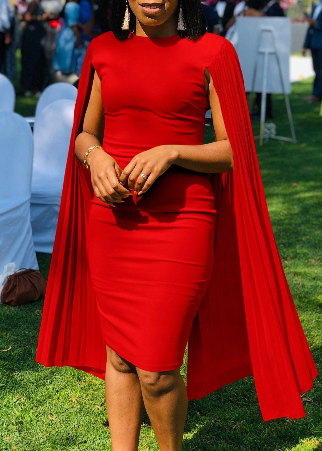 Pleated Cape Sleeve Bodycon Midi Dress with Round Neck