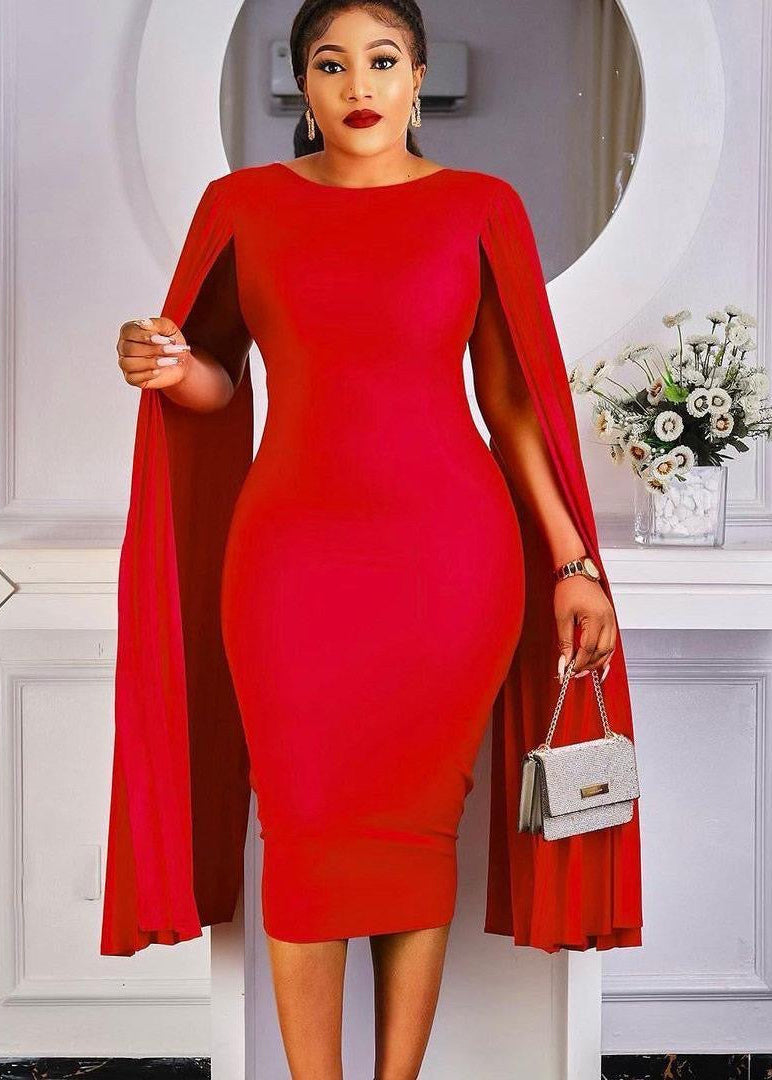 Pleated Cape Sleeve Bodycon Midi Dress with Round Neck
