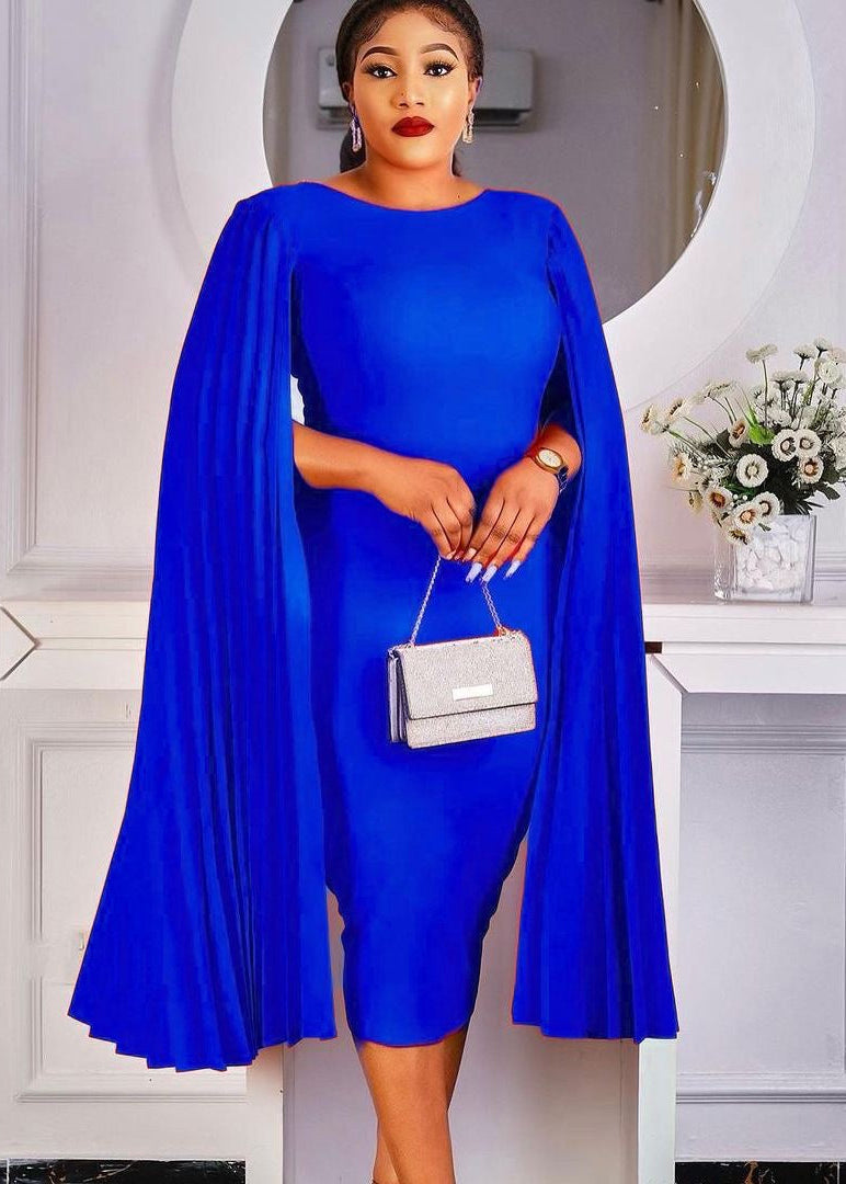 Pleated Cape Sleeve Bodycon Midi Dress with Round Neck