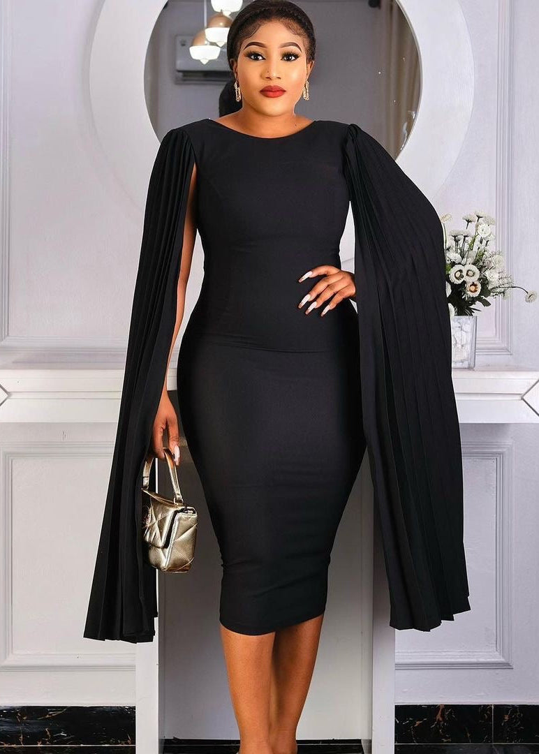 Pleated Cape Sleeve Bodycon Midi Dress with Round Neck