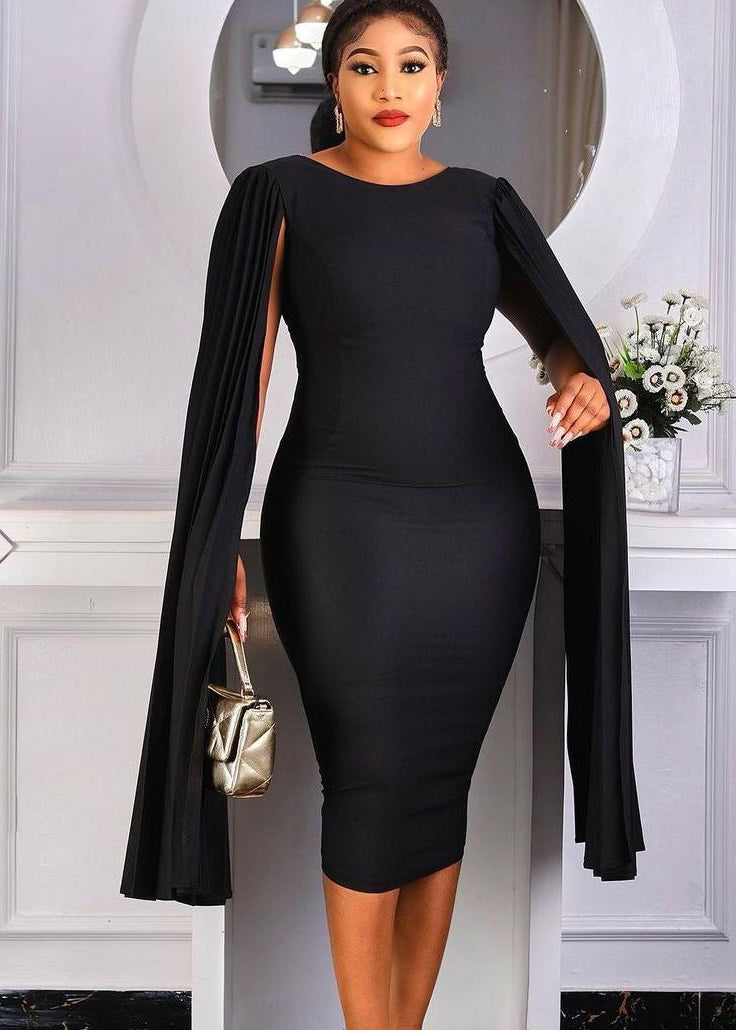 Pleated Cape Sleeve Bodycon Midi Dress with Round Neck