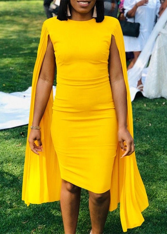 Pleated Cape Sleeve Bodycon Midi Dress with Round Neck