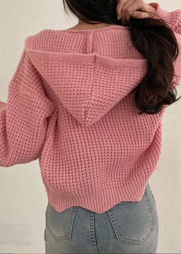 Pink Waffle-Knit Hooded Zip Cardigan – Women’s Cropped Sweater