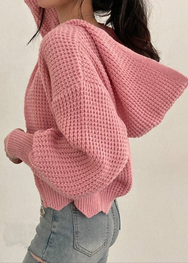 Pink Waffle-Knit Hooded Zip Cardigan – Women’s Cropped Sweater