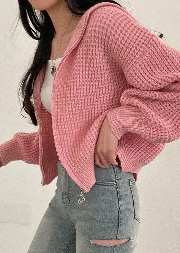 Pink Waffle-Knit Hooded Zip Cardigan – Women’s Cropped Sweater